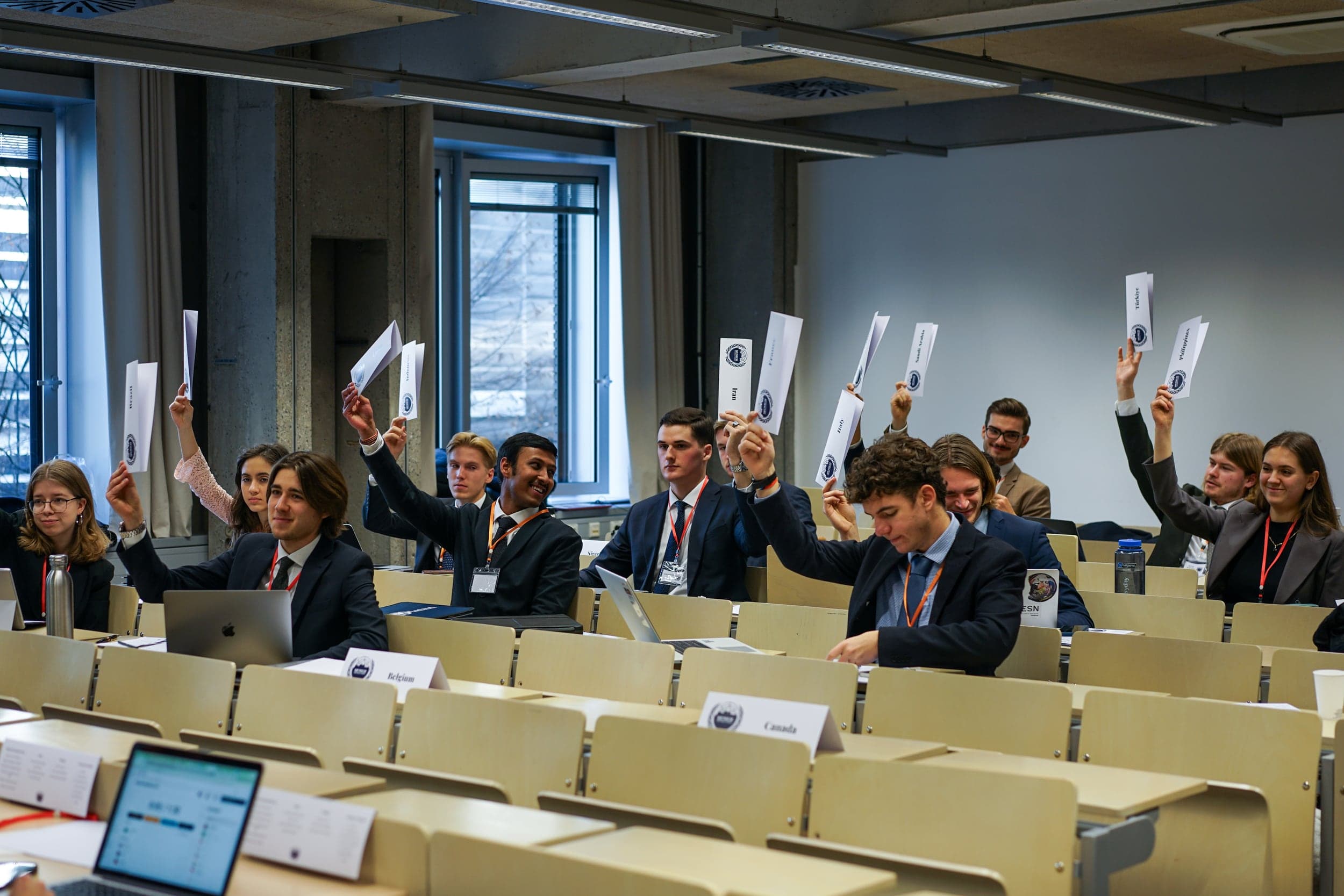 Delegates raising their country placards in a committee session